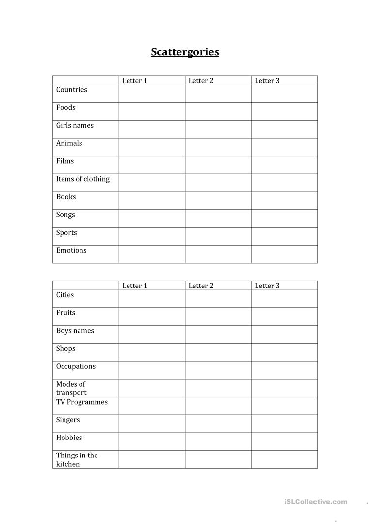 scattergories printable sheets list 1